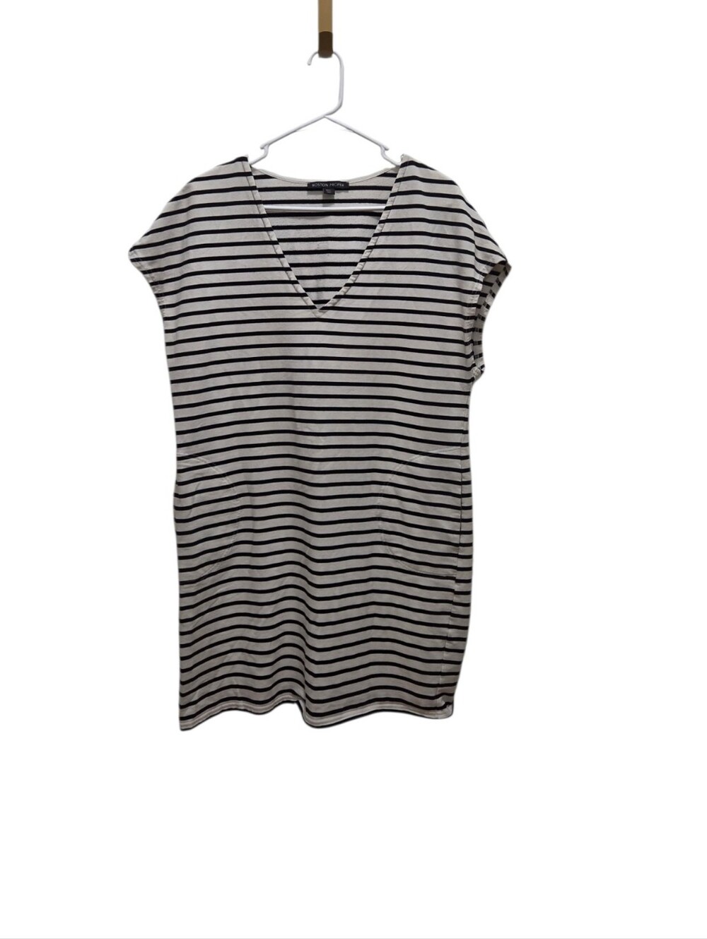 Boston Proper Striped T-Shirt Dress Large Black White V-Neck Pocket Casual